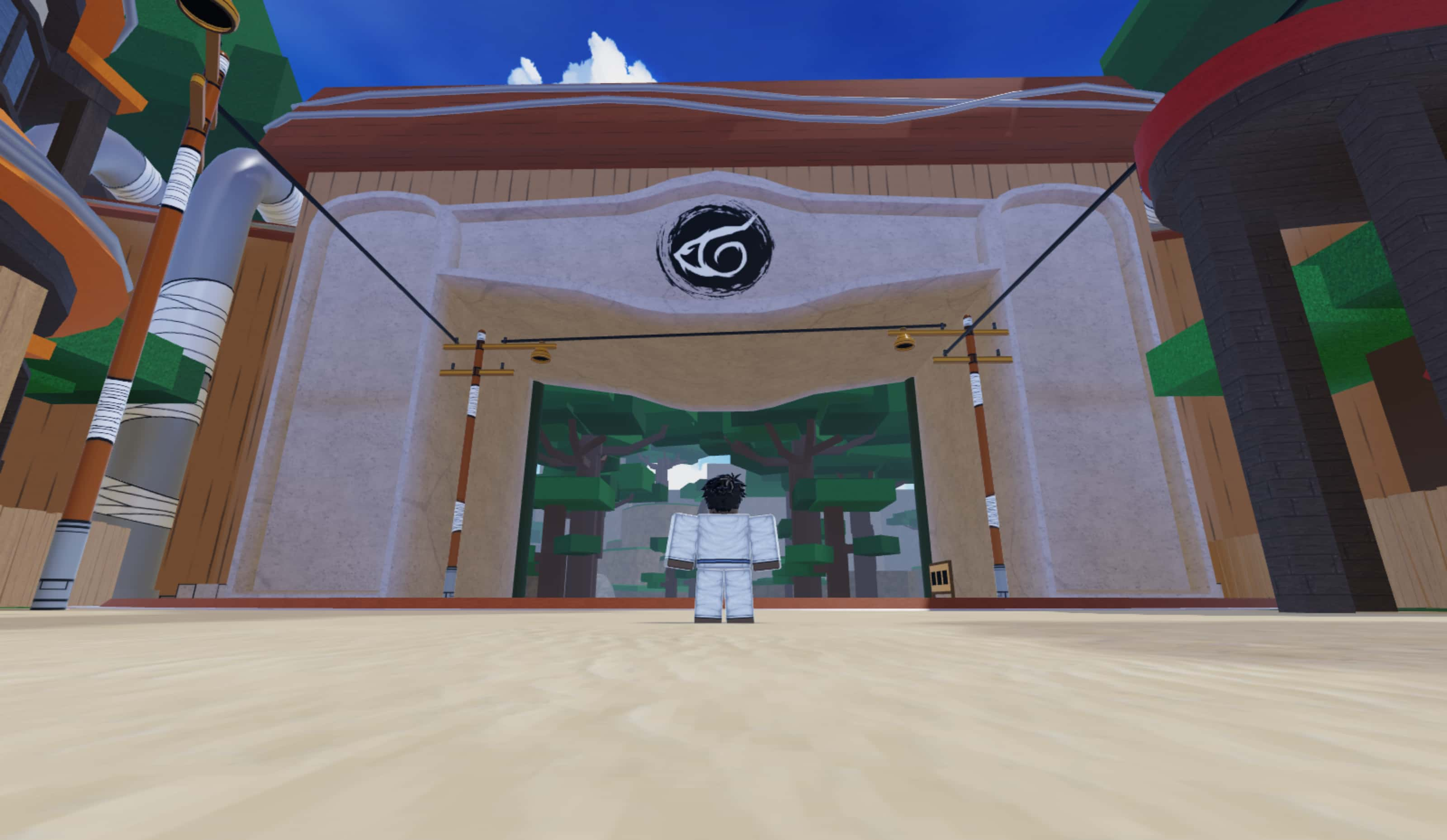 A screenshot of the Hidden Leaf Village Gate in Shindo Life.