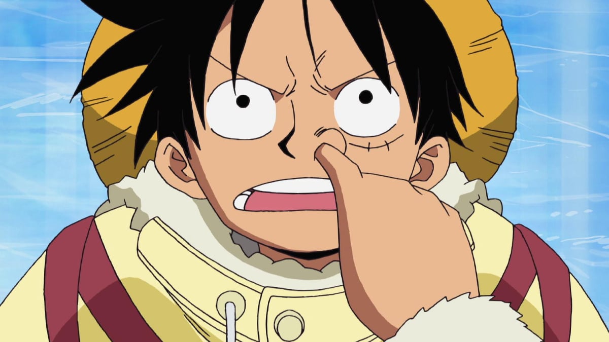 Luffy picking his nose in One Piece