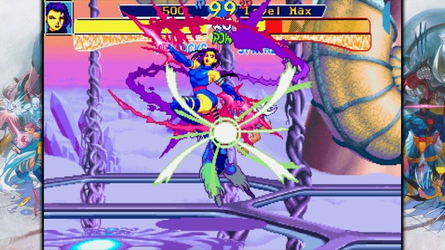 Psylocke doing an air combo on Spiral in the Marvel vs. Capcom Fighting Collection.