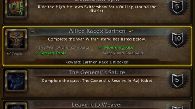 The achievement interface for World of Warcraft showing the requirements to unlock Earthen