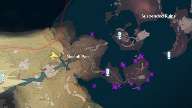 A map of Norfall Barrens in Wuthering Waves