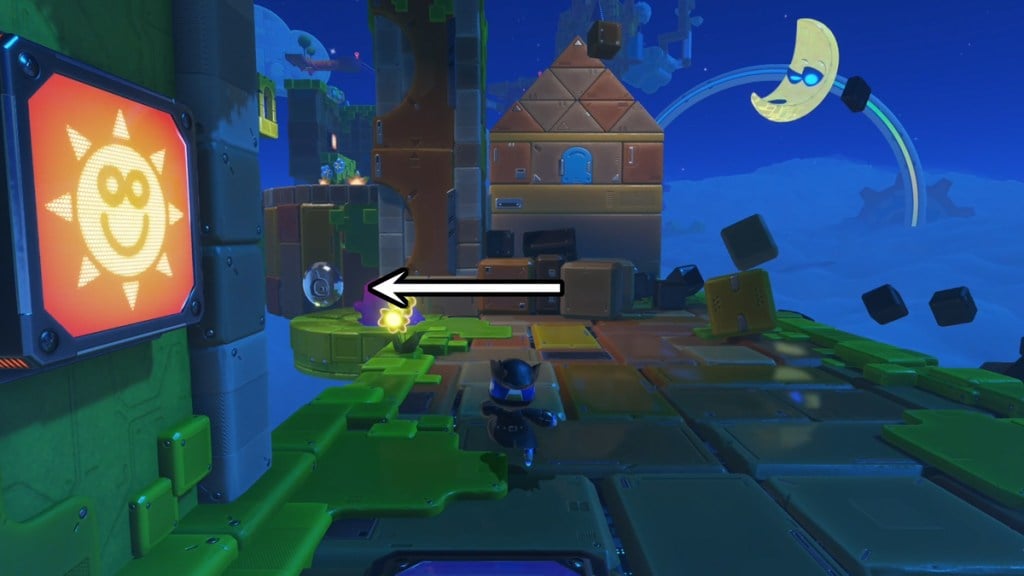 Astro Bot navigating a cube world with a robotic moon in the background. An arrow points to another bot.