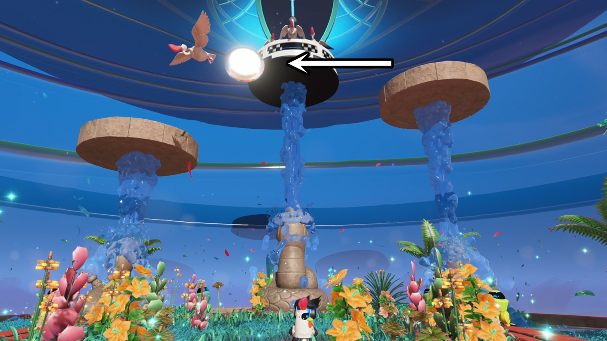 Astro Bot in a room with flowers and water fountains. An arrow points at a bot's location.