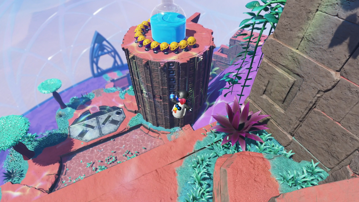 Astro Bot leaping to a circular platform with a centipede enemy and an oversized bottle atop it.