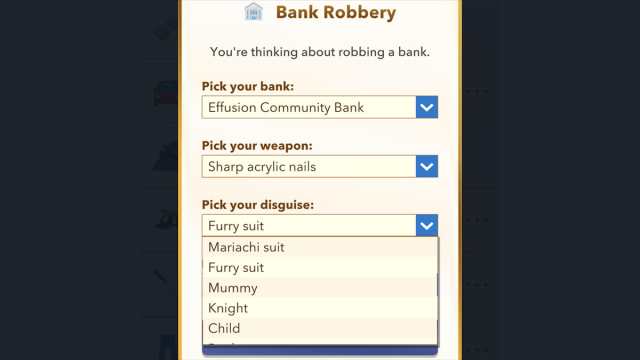 BitLife robbing a bank in a furry suit