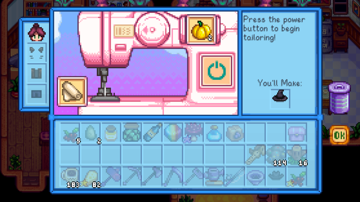 Sewing Machine interface in Stardew Valley