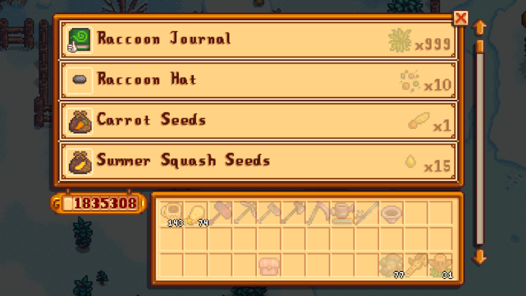 Todo lo vendido en la tienda de Mrs. Raccoon en Stardew Valley