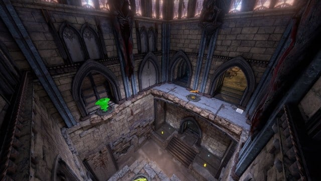 Quake Champions: a high view of a gray, church-like arena, with items scattered about the place.