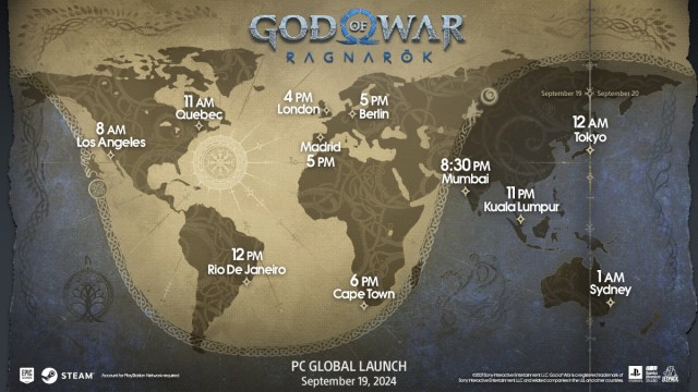 The global release times for God of War Ragnarok on PC