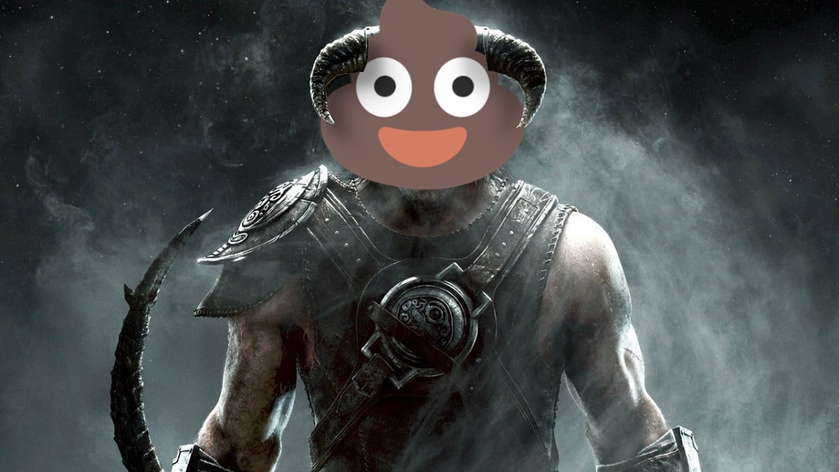 Skyrim: the Dragonborn poses menacingly, but his head has been replaced with the poop emoji.