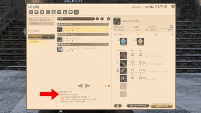 Specialist recipes are shown in the Crafting Log in Final Fantasy XIV