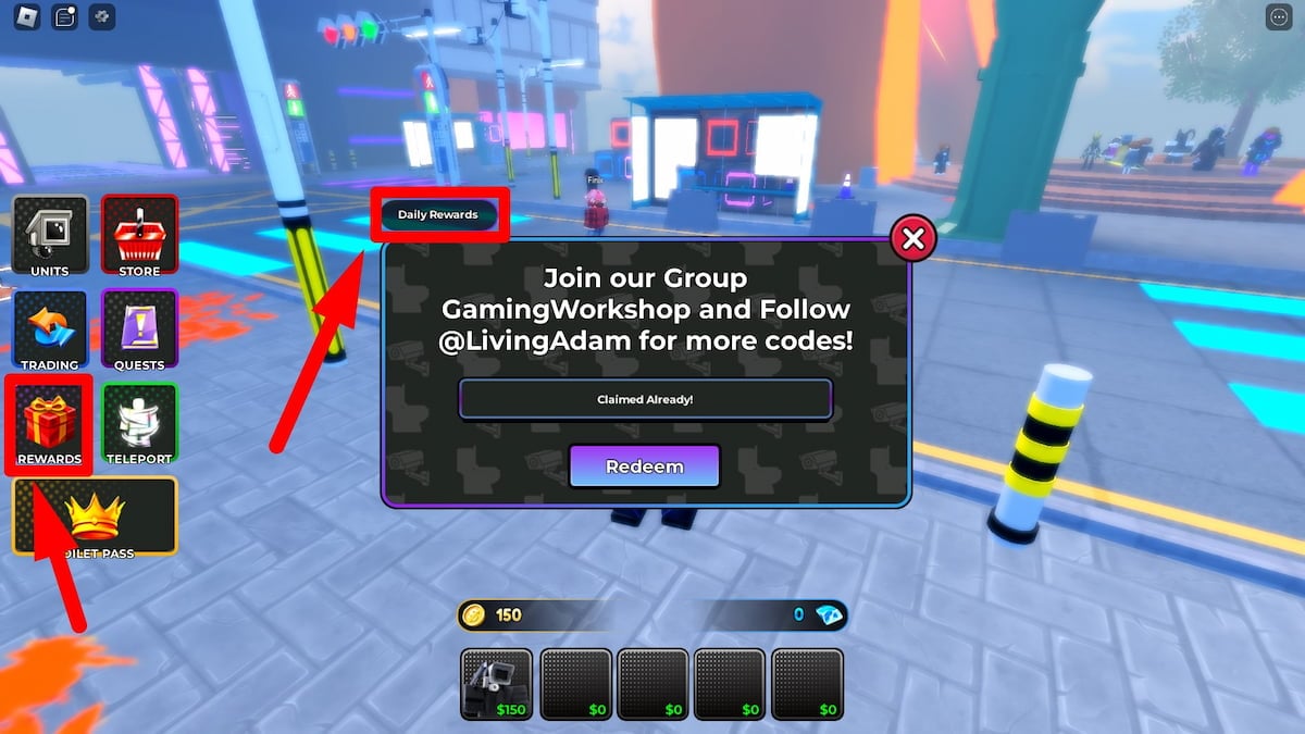 Menu for redeeming codes in the Toilet Legacy Defense Roblox experience