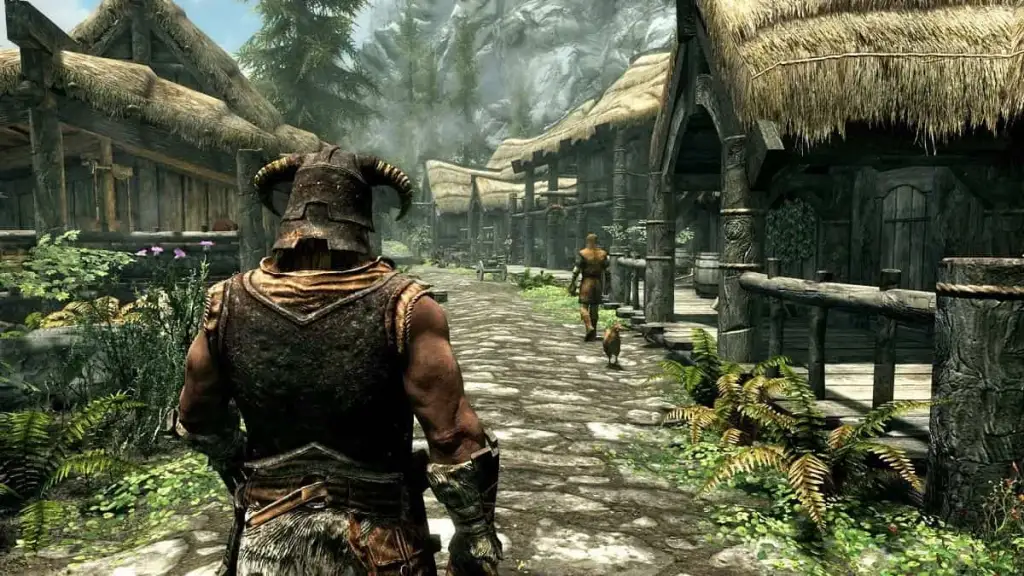 Skyrim: The Dragonborn casually walking through Riverwood.