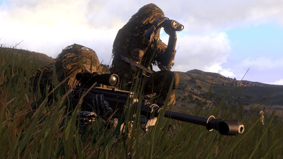 ARMA 3 screenshot showing a sniper/spotter duo on a mission.