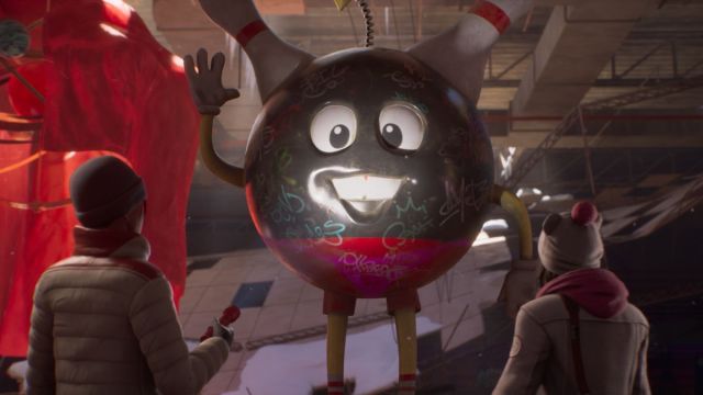 Characters face the bowling mascot in Life is Strange: Double Exposure