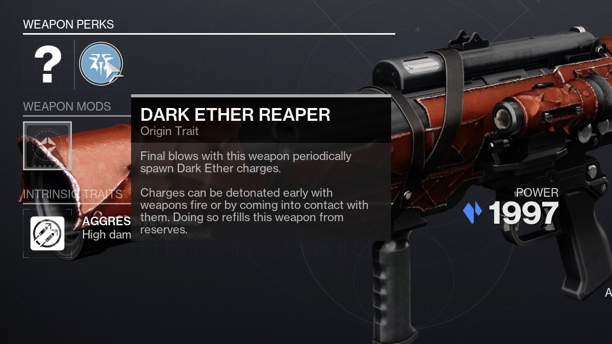 ¿Cuál es el rasgo de origen de Dark Ether Reaper en Destiny 2?