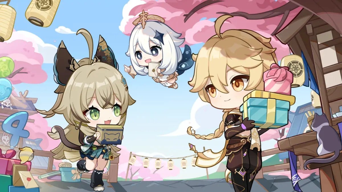 Kirara, Paimon, and Aether from Genshin Impact delivering anniversary gifts