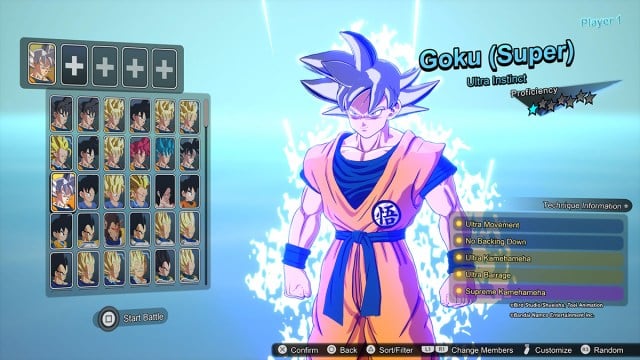 Ultra Instinct Goku in the Dragon Ball Sparking Zero character select screen.