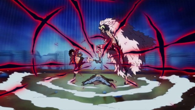 Luffy stopping Doflamingo in One Piece