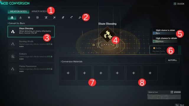 A labeled version of the Mod Conversion user interface in Once Human.