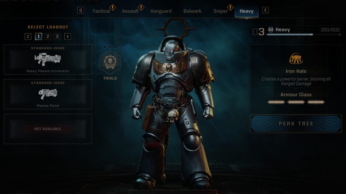 Space Marine 3 Heavy loadout screen.