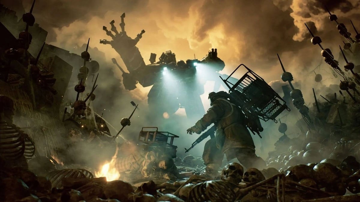 A screenshot of a massive mech attacking a pair of scavengers in The Forever Winter.