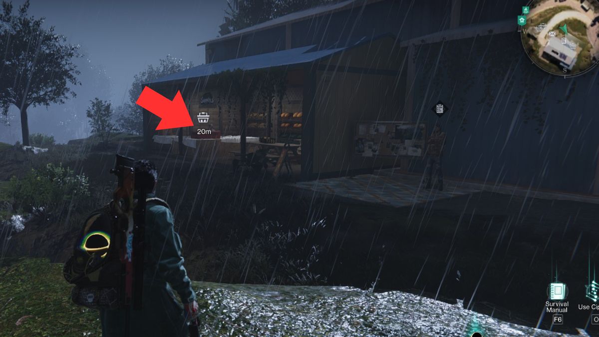 A player at Meyers Market faces the vendor in town, with an arrow pointing out the vendor location in Once Human.