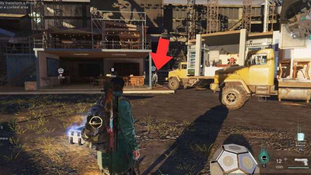 A player at Blackfell faces the vendor in town, with an arrow pointing out the vendor location in Once Human.