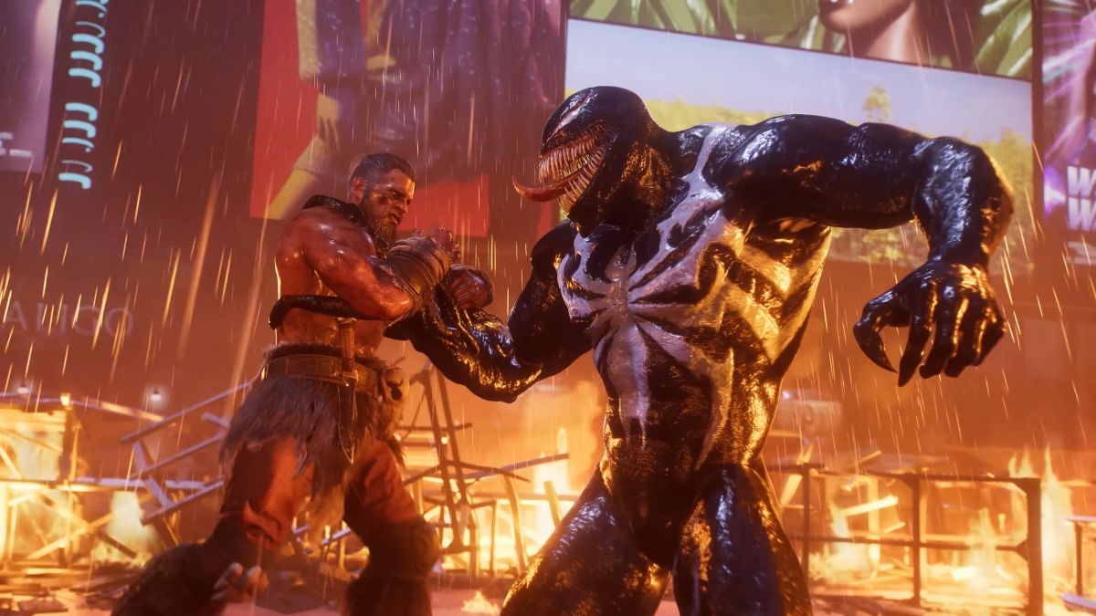 Venom attacking one of Kraven's soldiers in Spider-Man 2.