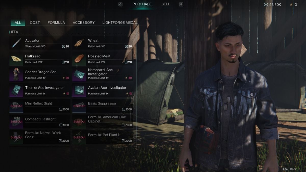 The vendor trading screen in Once Human, showing the available stock at the Deadsville vendor in Once Human.