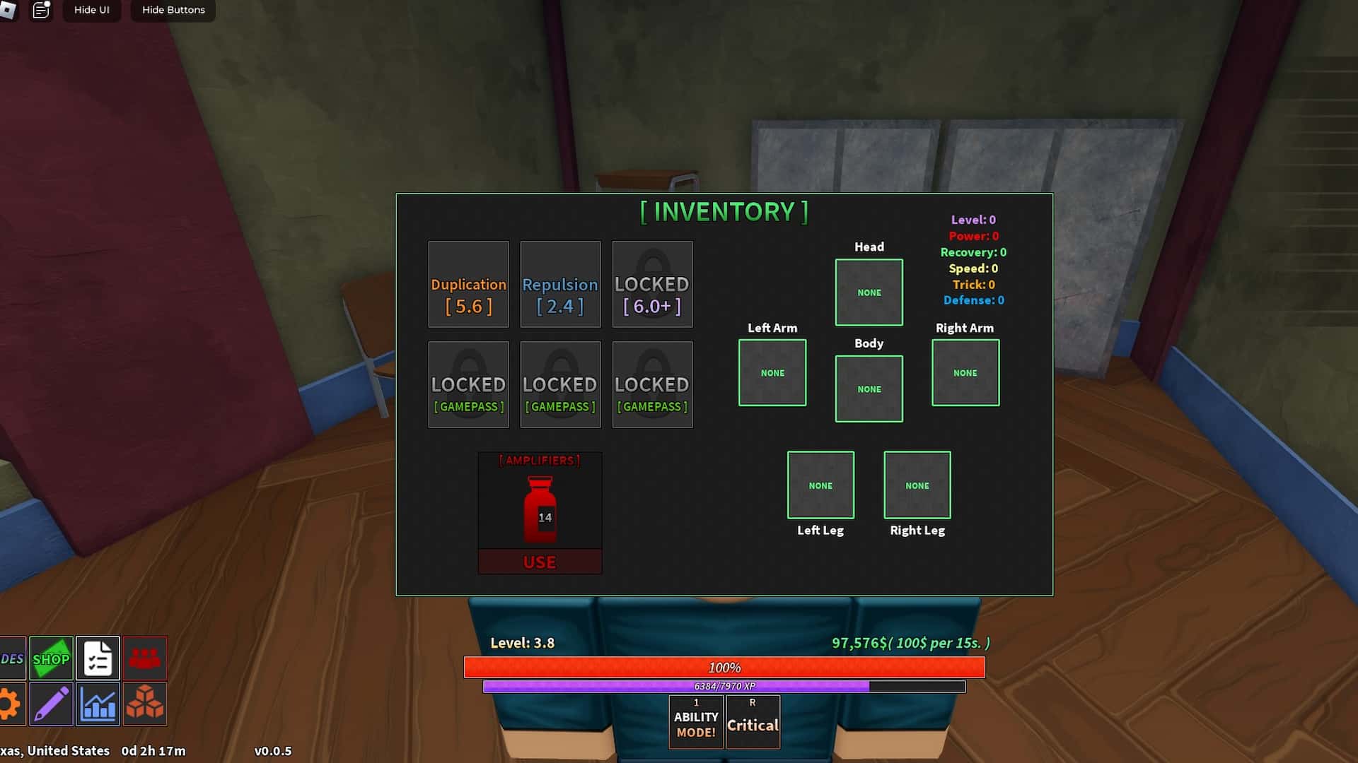 Ability inventory in Unusual Roblox experience