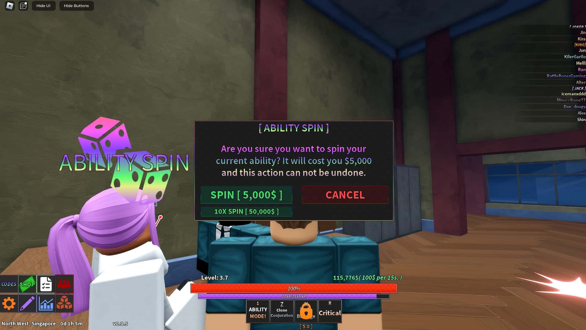 Ability reroll menu in Unusual Roblox experience