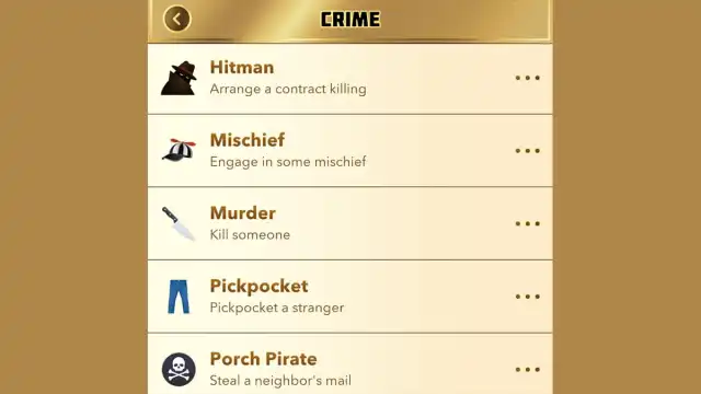 BitLife pickpocket and porch pirate in crime menu