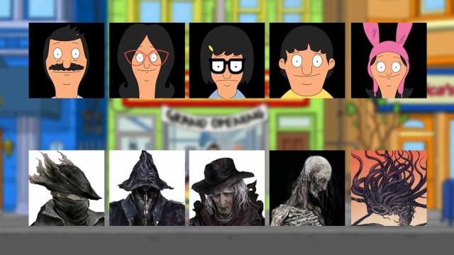 An image showing Bob's Burgers characters and their Bloodborne counterparts.