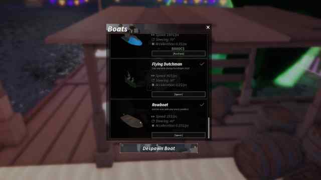 Shipwright boat selection menu in Fisch Roblox experience