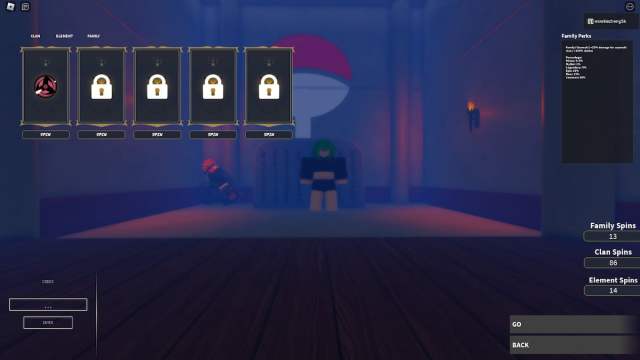 Clan reroll menu in The Time of Ninja Roblox experience