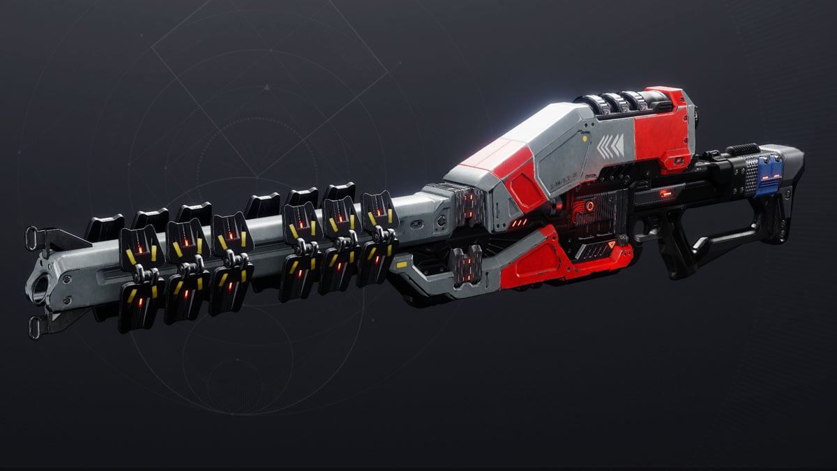 A futuristic sniper rifle with a silver body and red accents.