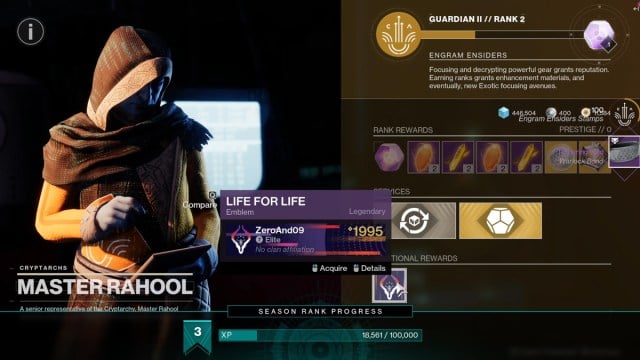 The inventory for Master Rahool, containing the Life for Life emblem.