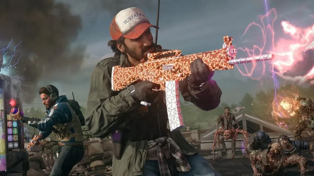 A screenshot from COD: Zombies featuring a flashy, ugly mag-fed shotgun.