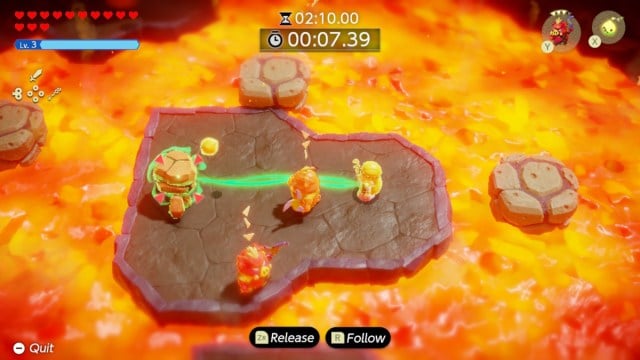 Use your Bind ability to lift the Tweelus out of the lava during Floating on Fire at the Slumber Dojo in Zelda: Echoes of Wisdom