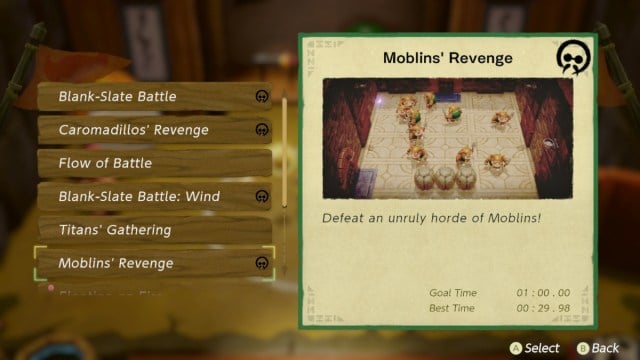 Moblins' Revenge in the Slumber Dojo menu in Zelda: Echoes of Wisdom