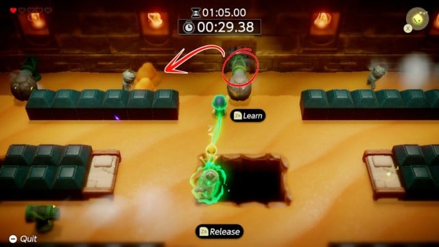 Use this Wind Cannon to remove the sand piles in front of this Gibdo in the Slumber Dojo in Zelda: Echoes of Wisdom