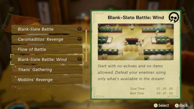 Blank-Slate Battle: Wind in the Slumber Dojo menu in Zelda: Echoes of Wisdom