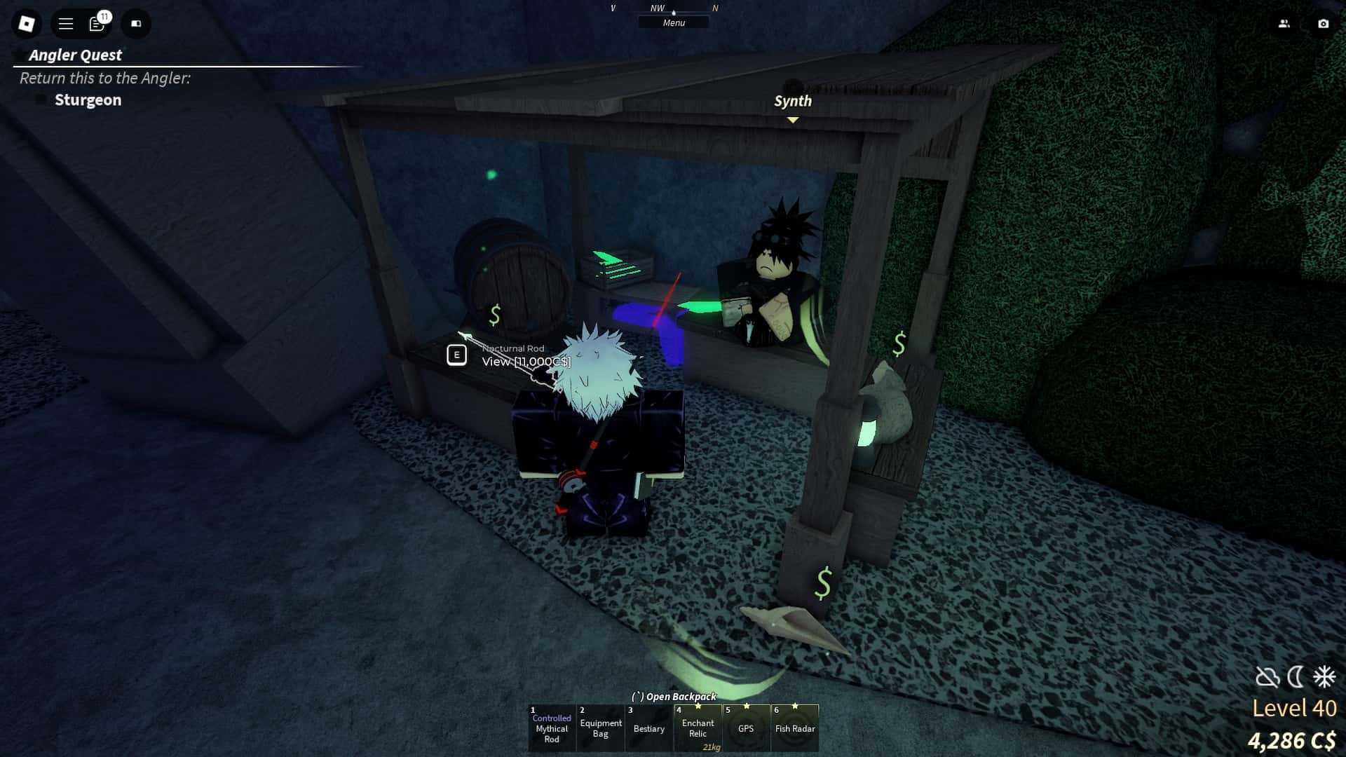 Player interacting with the Synth merchant in Vertigo in Fisch Roblox experience