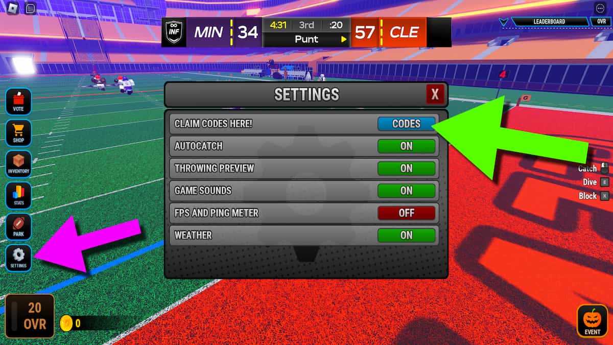 Screenshot of the Football Legends settings and codes section. 