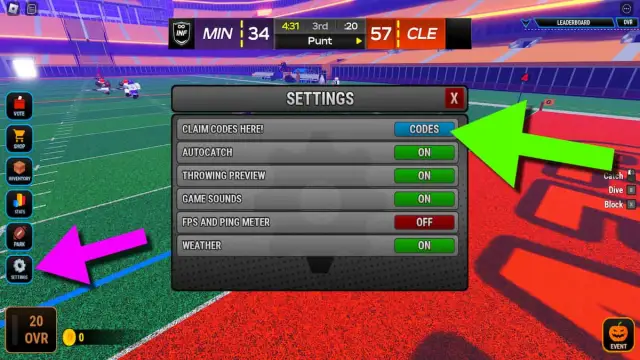 Screenshot of the Football Legends settings and codes section. 