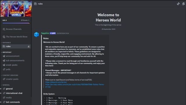 Roblox Heroes World Discord rules channel