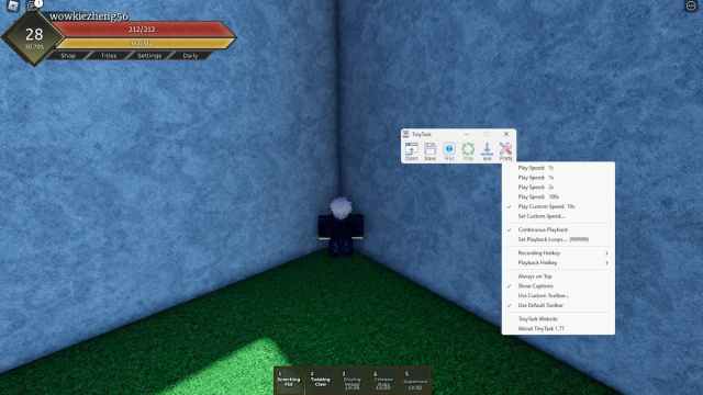 Player AFK farming in Fruit Battlegrounds Roblox experience using TinyTask