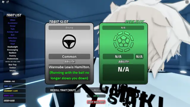 Trait reroll menu in Vision Roblox experience