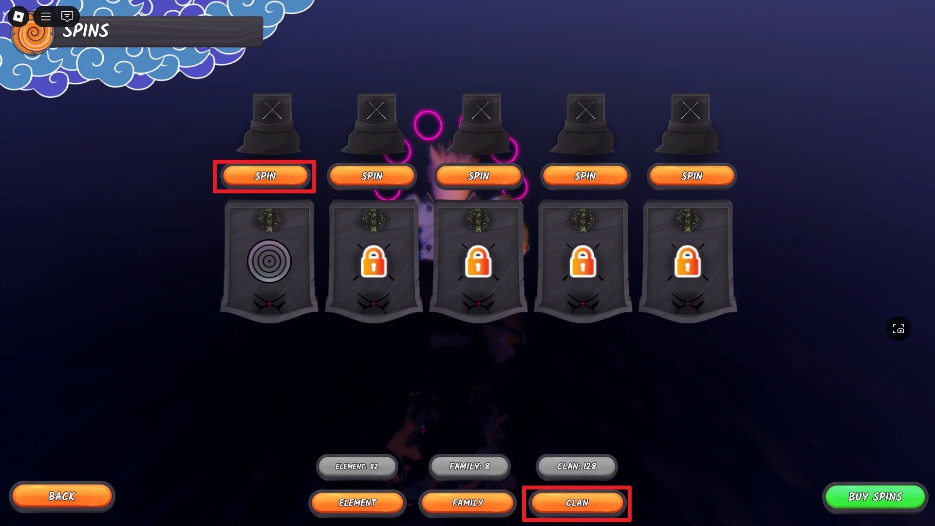 Preview of the Clan spin menu in Ninja Time Roblox experience